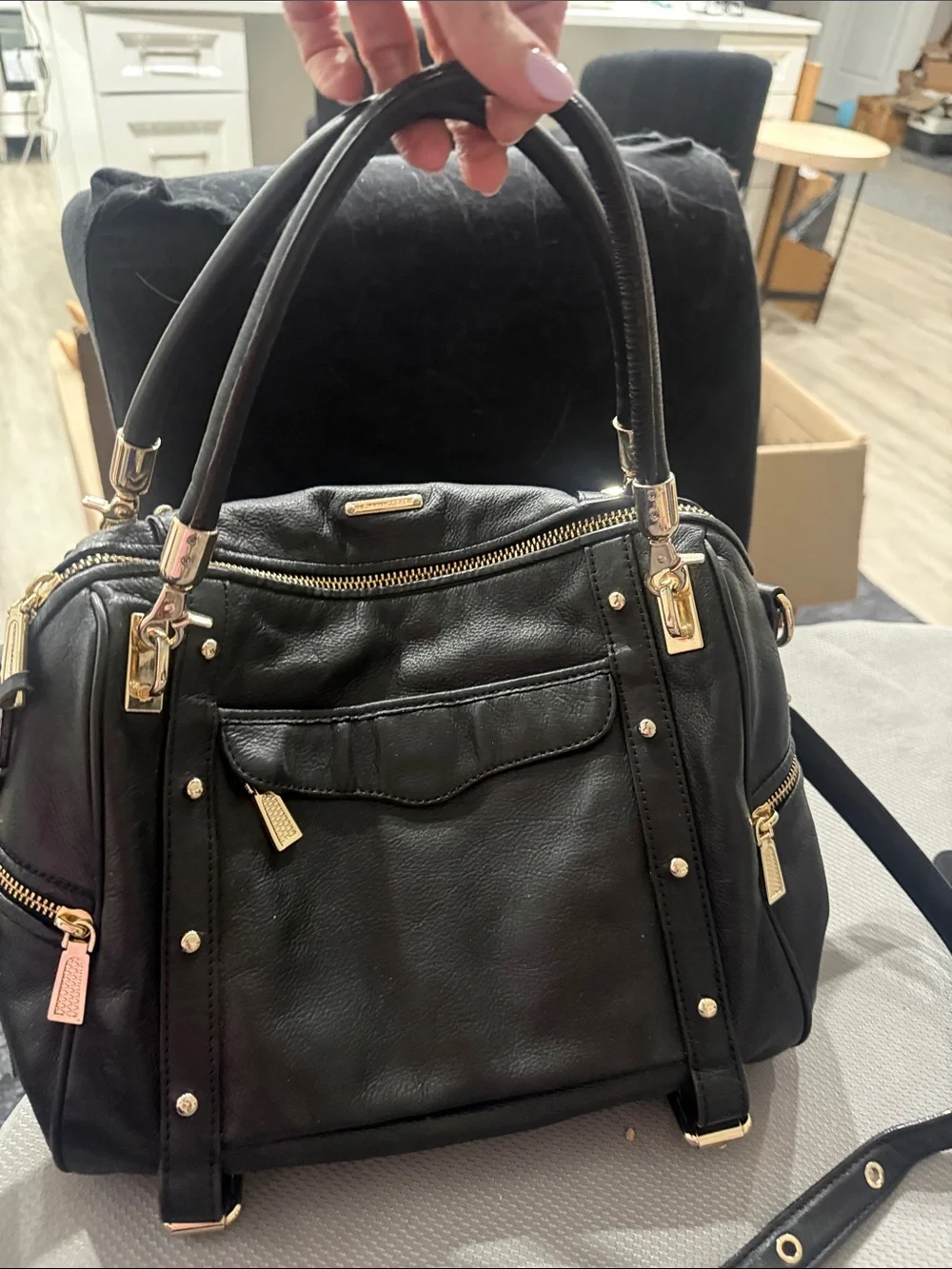 Rebecca Minkoff Black Leather Satchel with Gold Hardware and Studs